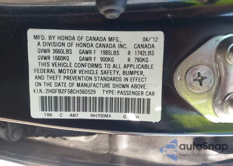 2012 Honda Civic Lx from USA, damaged, VIN 2HGFB2F58CH560529